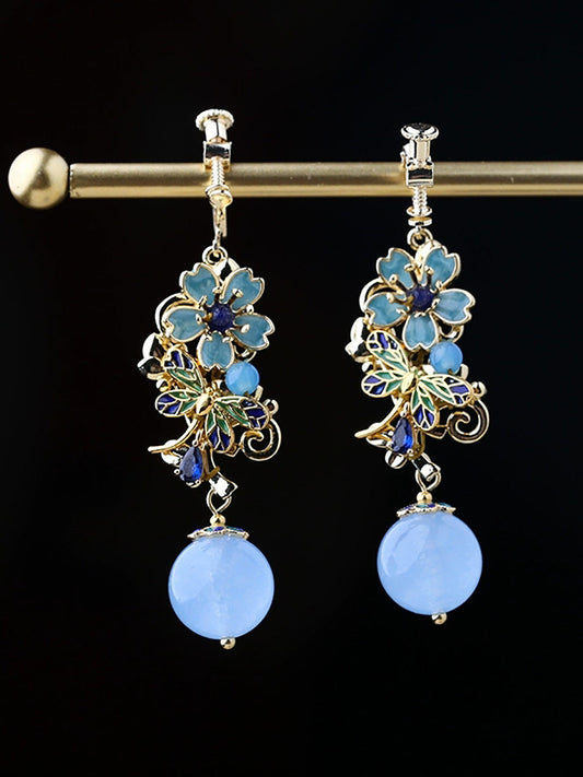 Women Vintage Cloisonne Flower Zircon Earrings