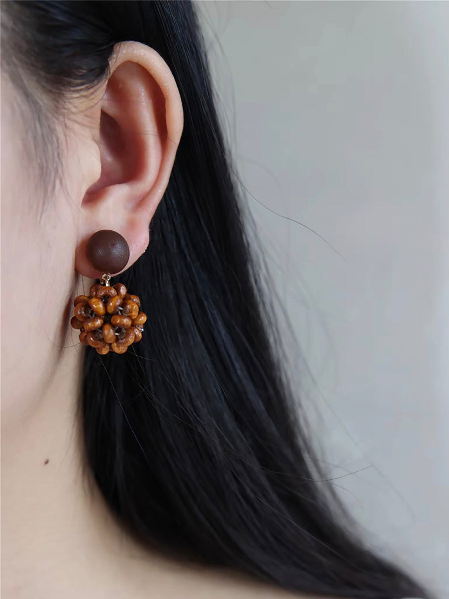 Women Vintage Wooden Pinecone S925Sliver Earrings