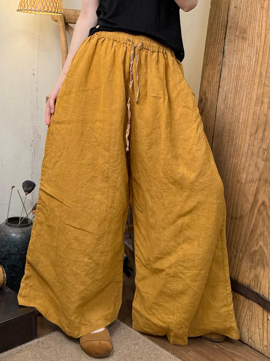 Plus Size Women Summer Casual Pure Color Linen Wide-leg Pants