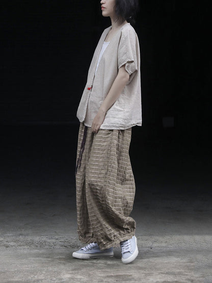 Women Summer Retro Stripe Ramie Wide-leg Pants