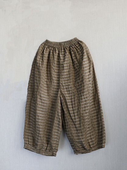 Women Summer Retro Stripe Ramie Wide-leg Pants