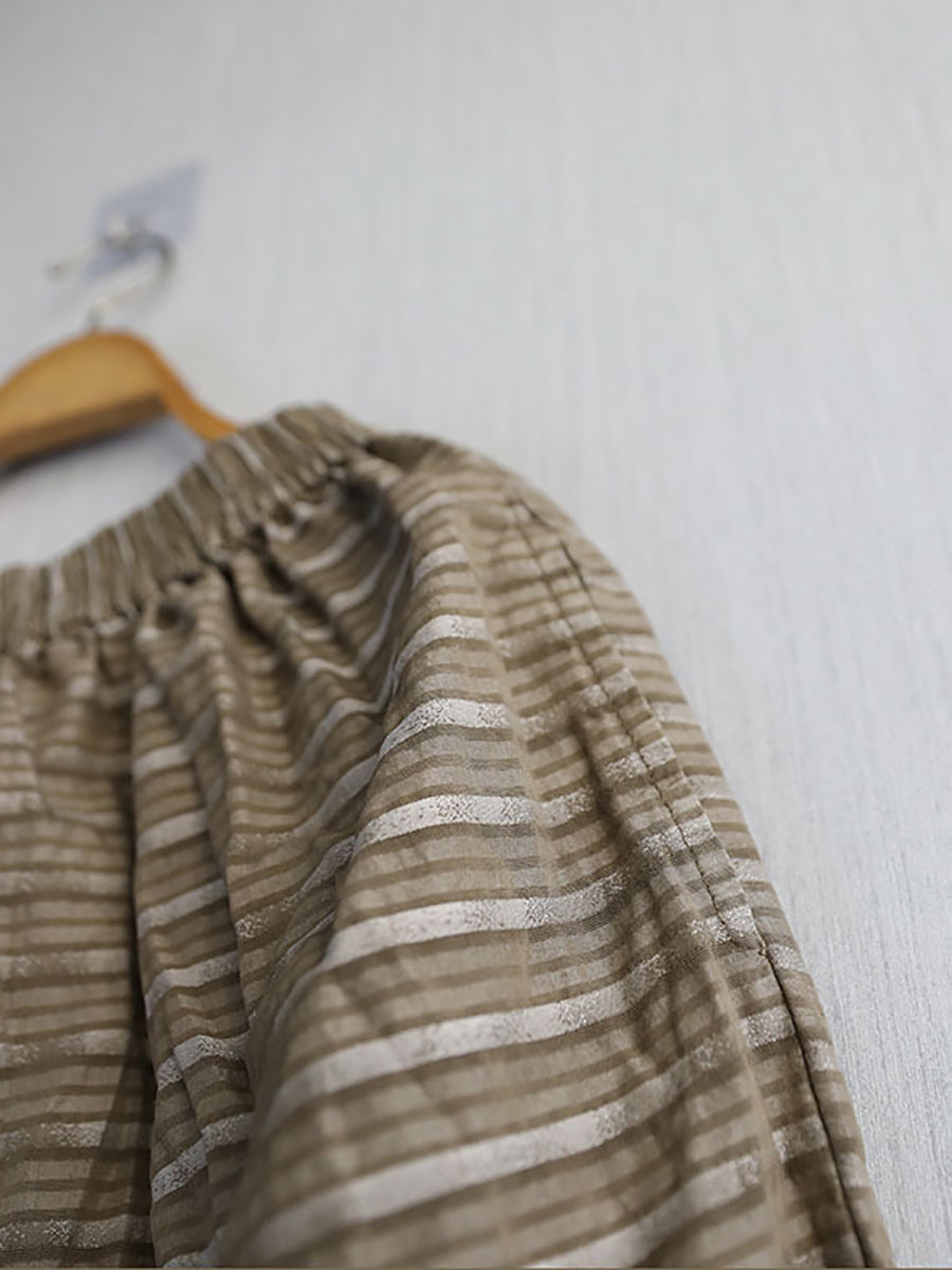 Women Summer Retro Stripe Ramie Wide-leg Pants
