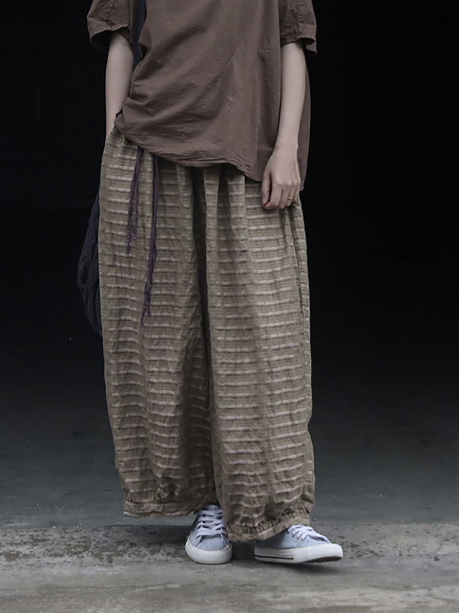 Women Summer Retro Stripe Ramie Wide-leg Pants