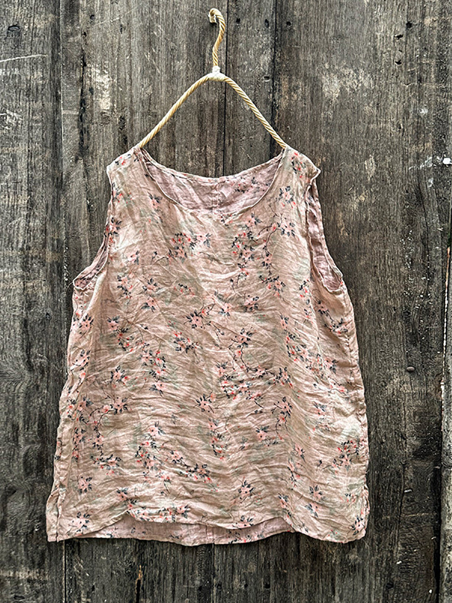 Women Summer Vintage Floral O-Neck Ramie Vest