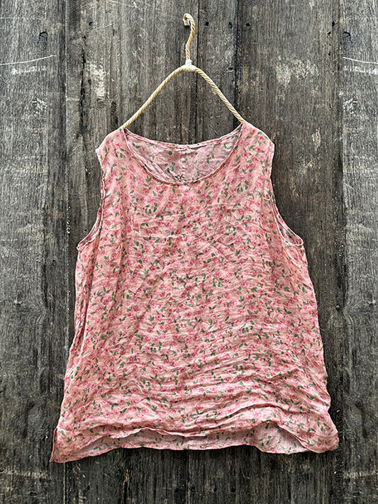 Women Summer Vintage Floral O-Neck Ramie Vest
