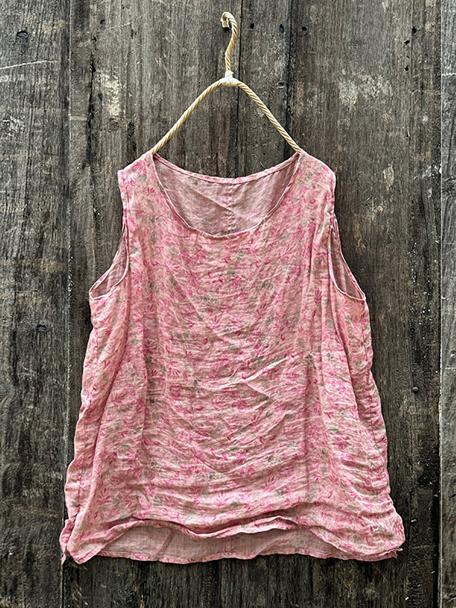 Women Summer Vintage Floral O-Neck Ramie Vest