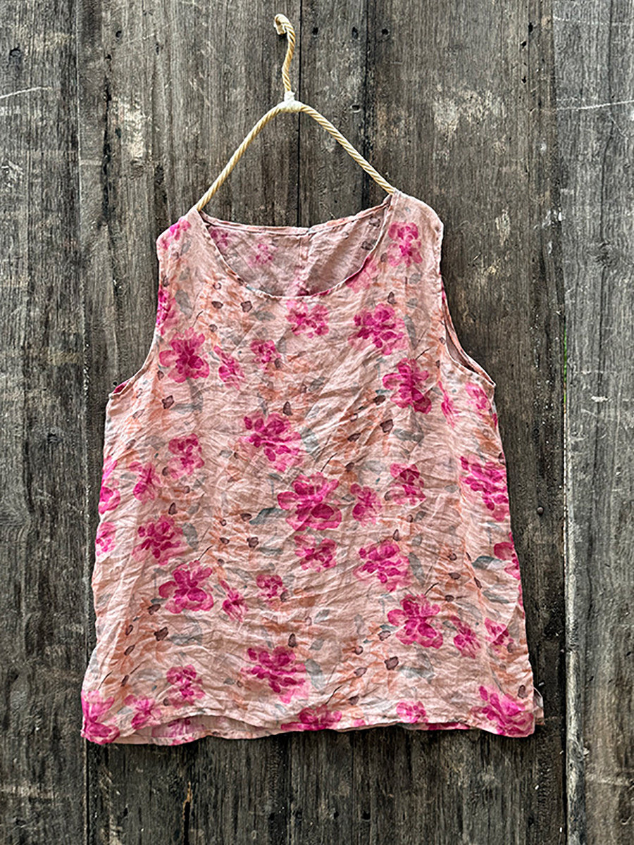 Women Summer Vintage Floral O-Neck Ramie Vest