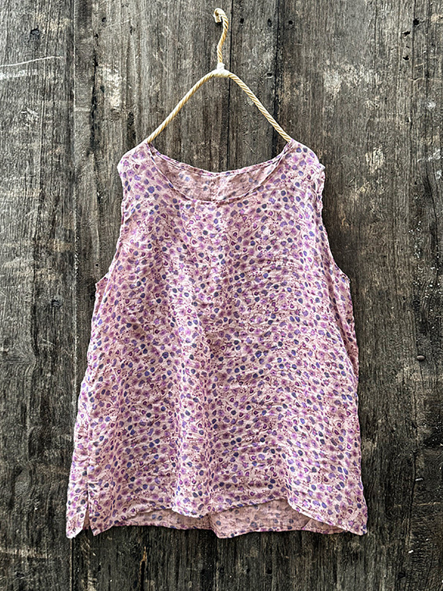 Women Summer Vintage Floral O-Neck Ramie Vest
