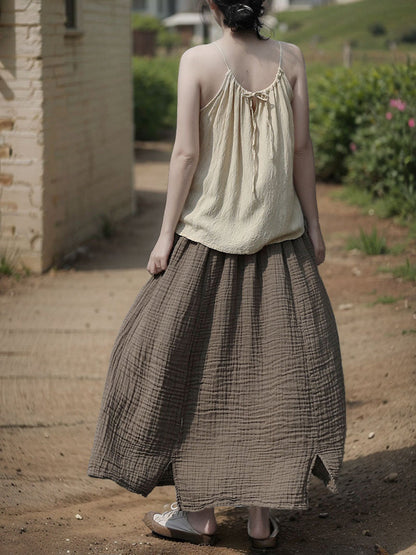 Women Summer Retro Pure Color 100%Cotton Skirt