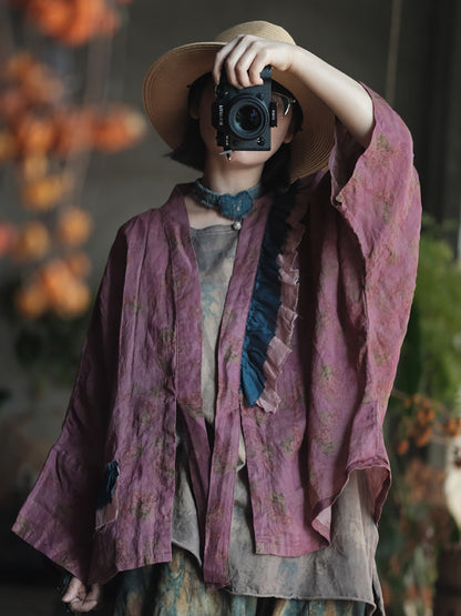 Women Summer Artsy Flower Colorblock Patch Linen Shirt Coat