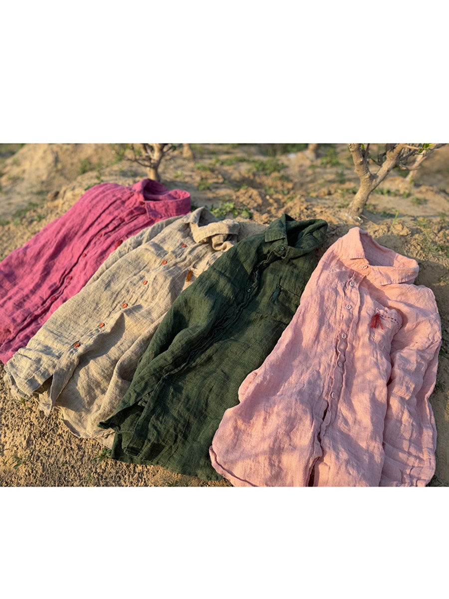 Women Summer Retro Pure Color Turn-down Collar Linen Shirt