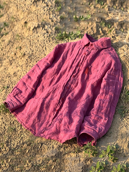 Women Summer Retro Pure Color Turn-down Collar Linen Shirt