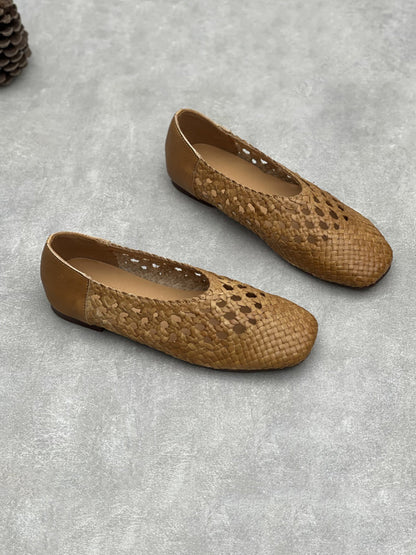 Women Retro Summer Genuine Leather Weave Shoes