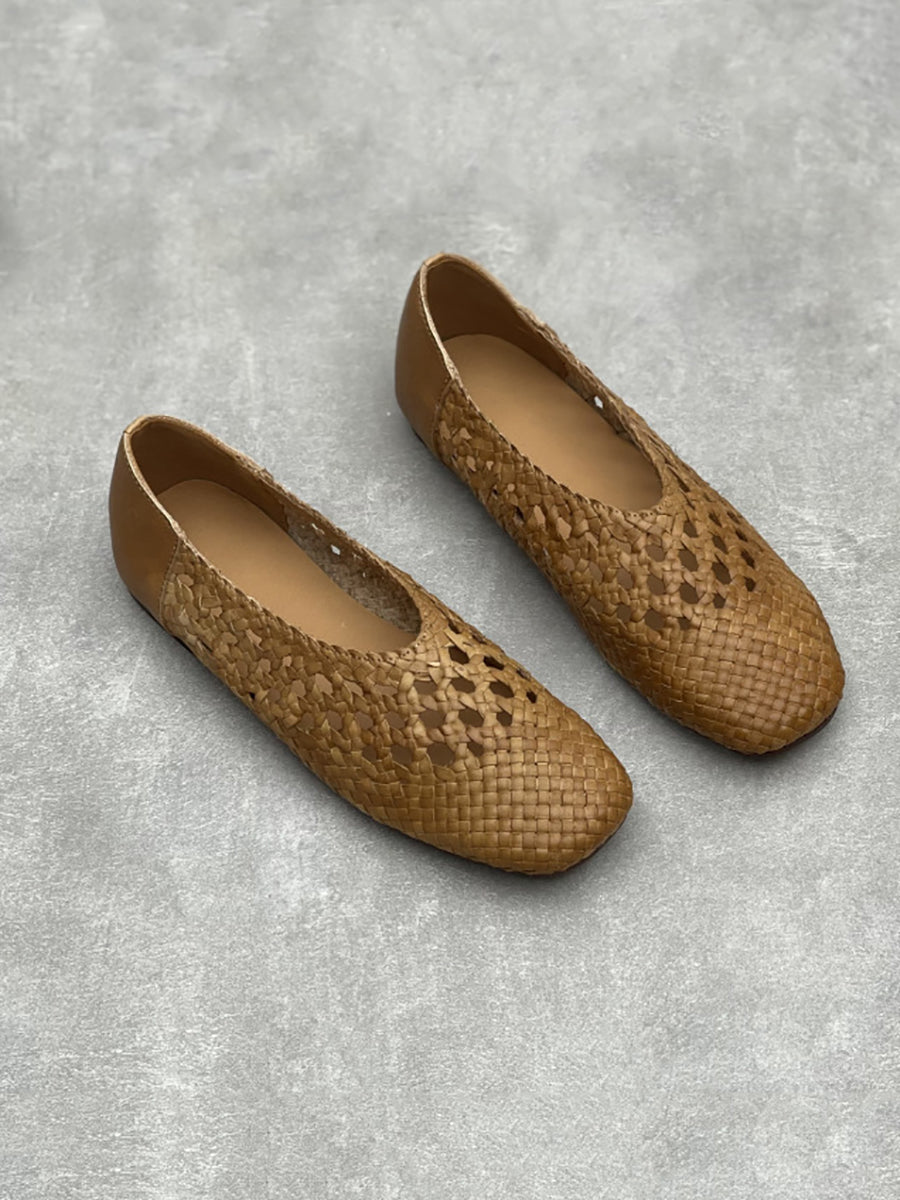 Women Retro Summer Genuine Leather Weave Shoes