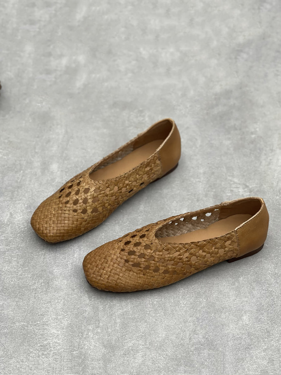Women Retro Summer Genuine Leather Weave Shoes