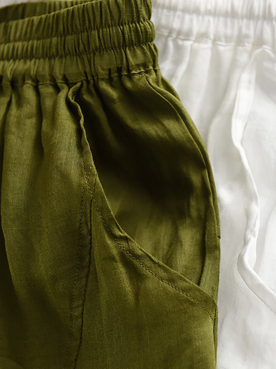 Women Summer Artsy Pure Color 100%Ramie Loose Bloomers