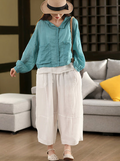 Women Summer Artsy Pure Color 100%Ramie Loose Bloomers