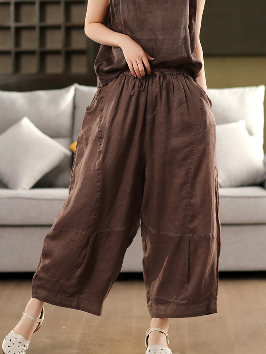 Women Summer Artsy Pure Color 100%Ramie Loose Bloomers