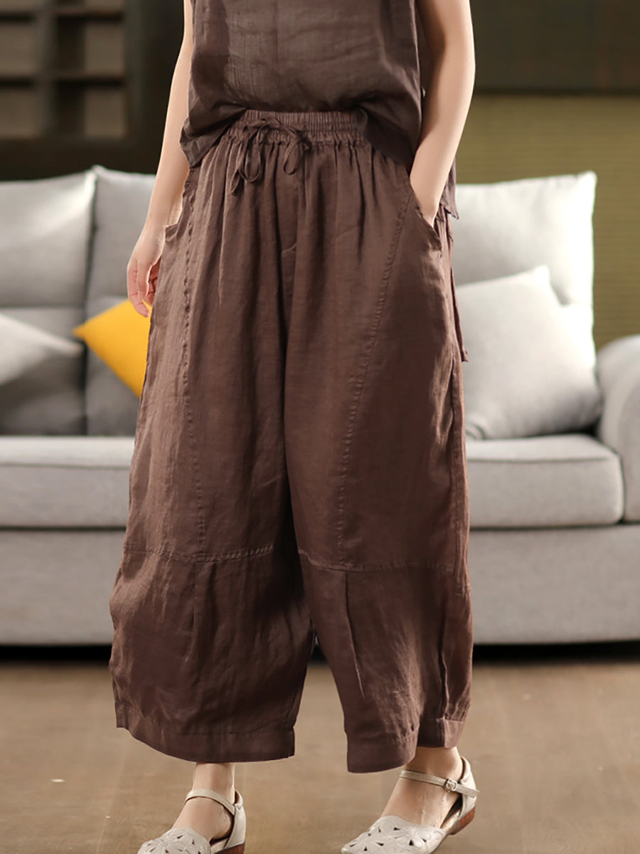 Women Summer Artsy Pure Color 100%Ramie Loose Bloomers