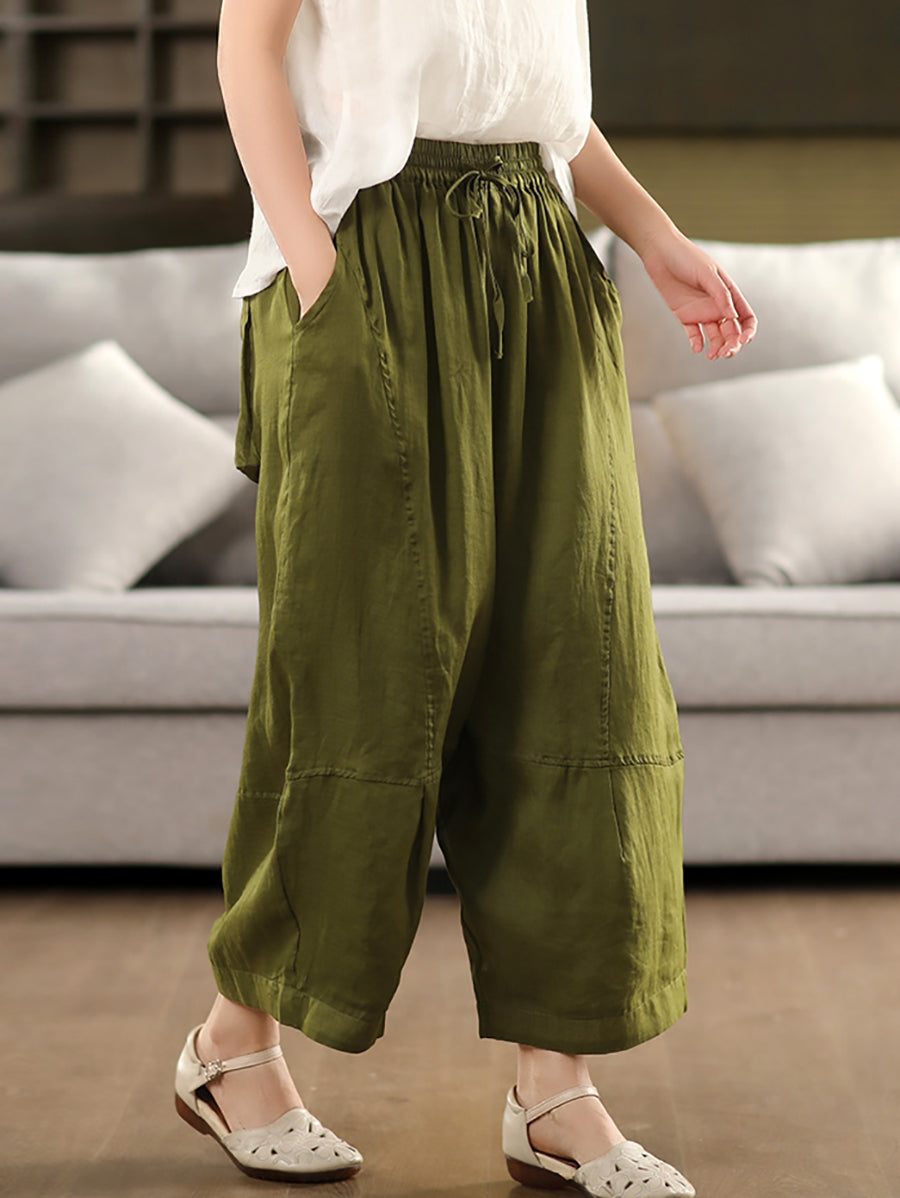 Women Summer Artsy Pure Color 100%Ramie Loose Bloomers