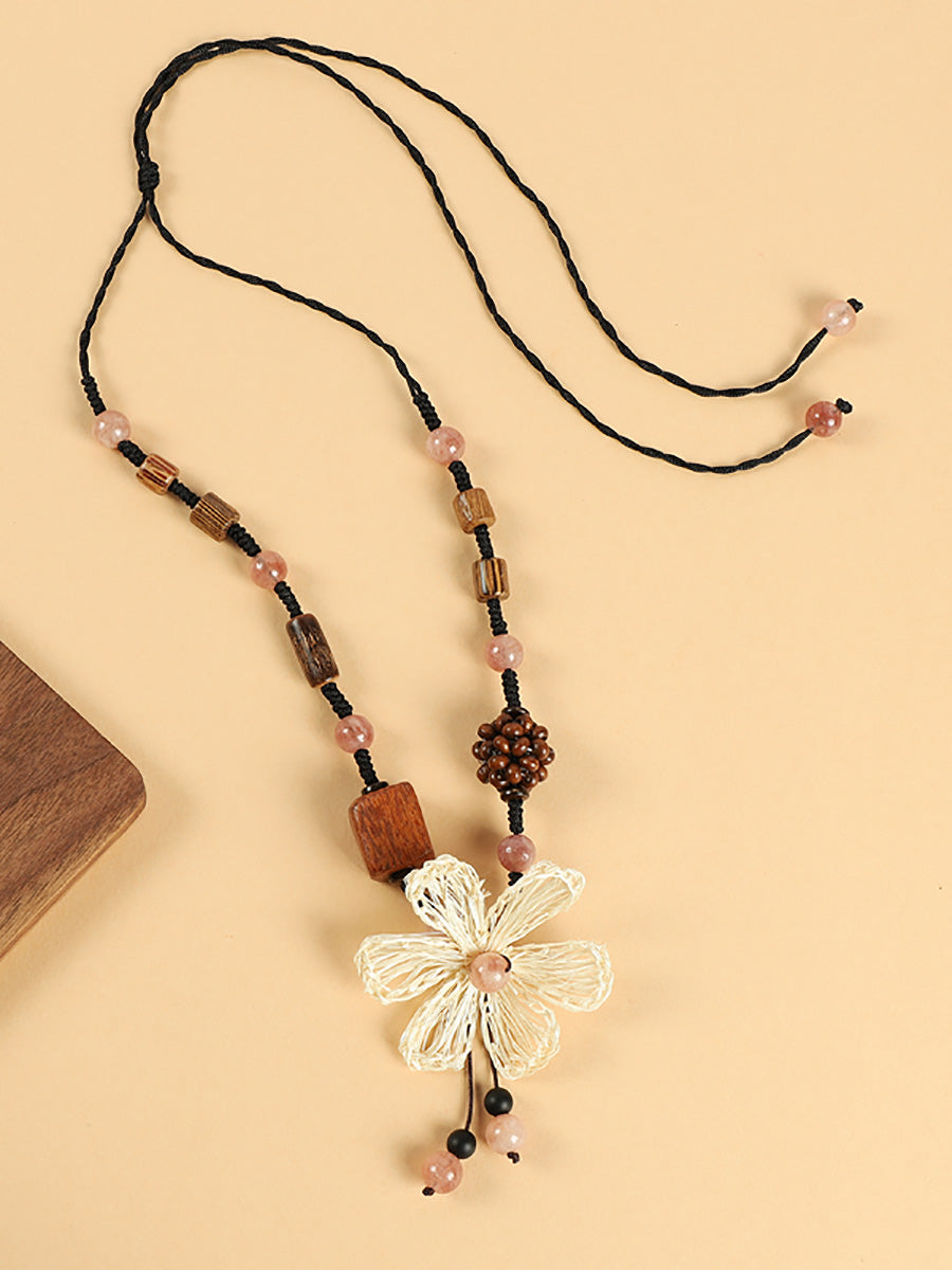 Women Artsy Wooden Bead Straw Flower Necklace