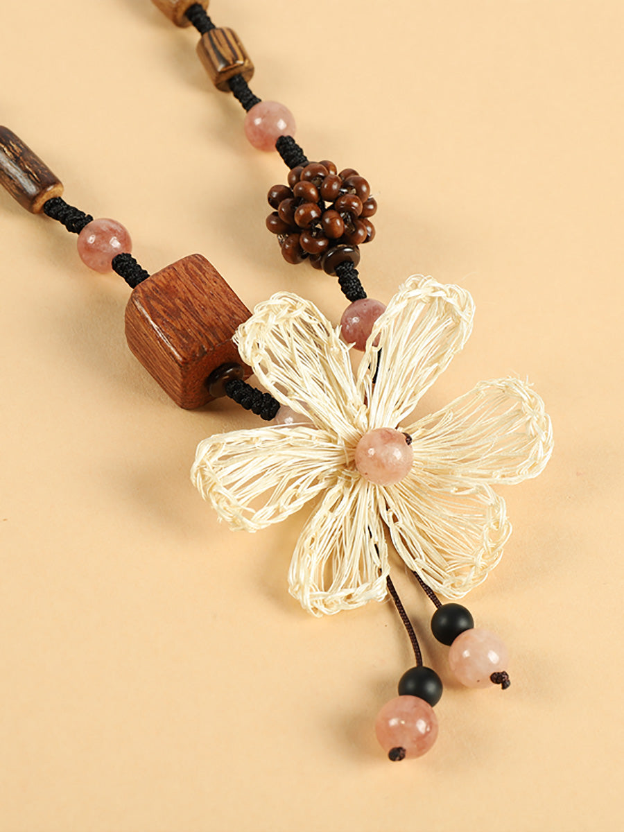 Women Artsy Wooden Bead Straw Flower Necklace