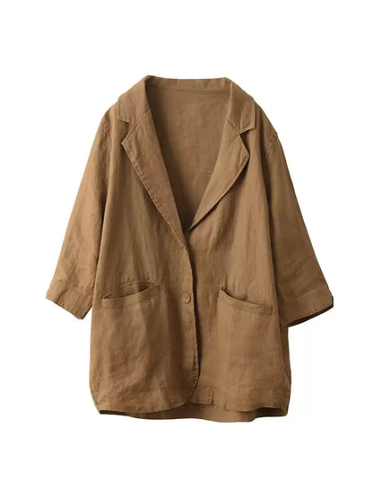 Plus Size Women Summer Artsy Pure Color 100%Linen Shirt Coat
