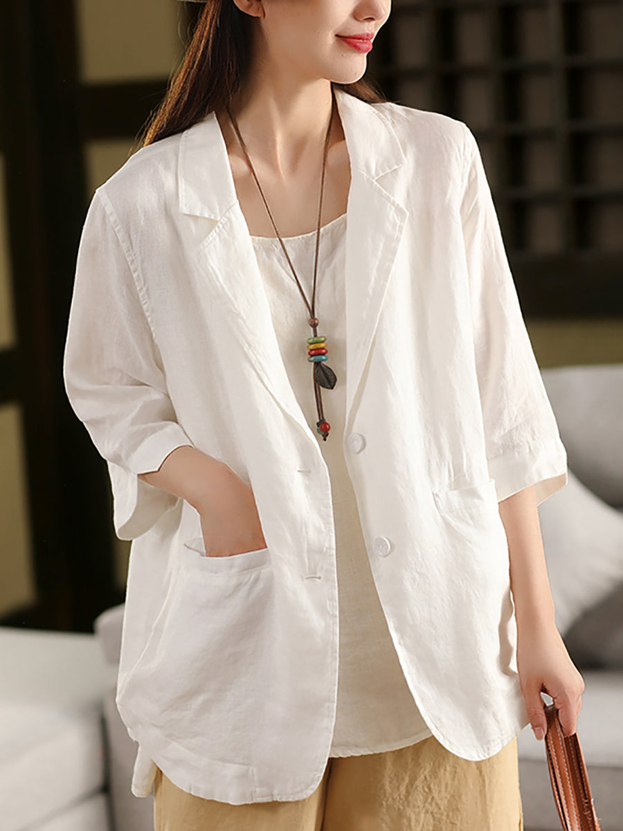 Plus Size Women Summer Artsy Pure Color 100%Linen Shirt Coat