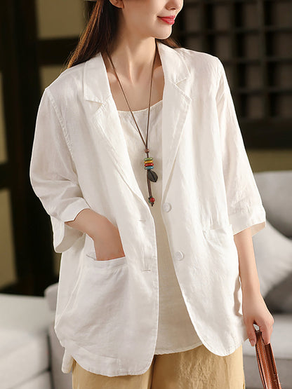 Plus Size Women Summer Artsy Pure Color 100%Linen Shirt Coat