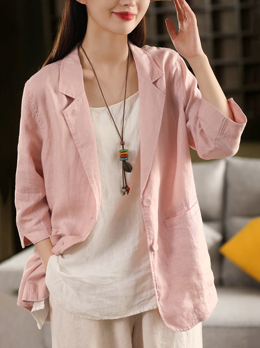 Plus Size Women Summer Artsy Pure Color 100%Linen Shirt Coat