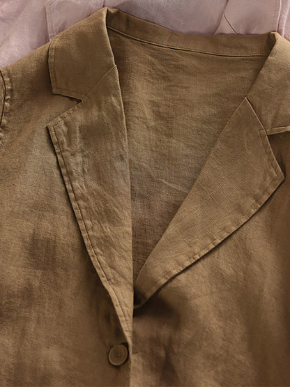 Plus Size Women Summer Artsy Pure Color 100%Linen Shirt Coat