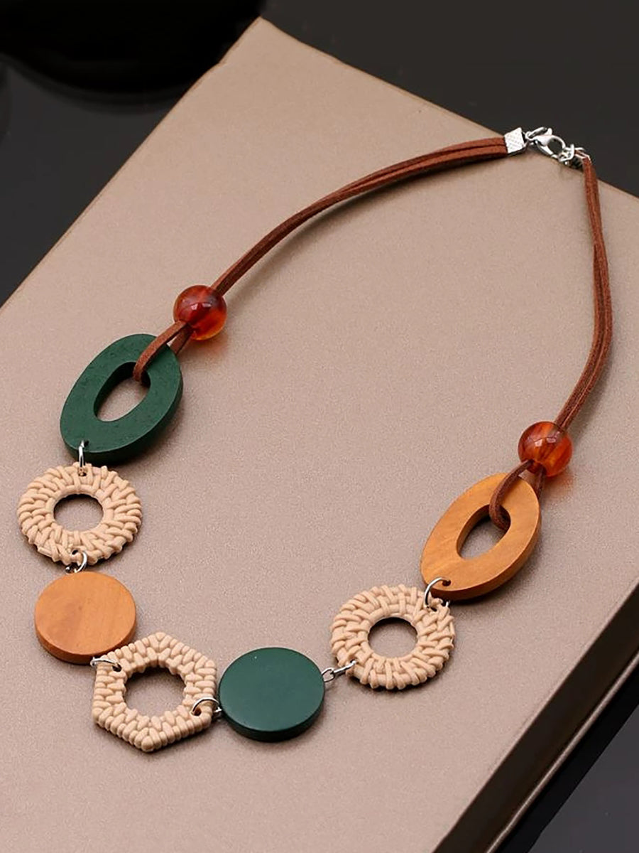 Women Ethnic Geometric Wooden Necklace