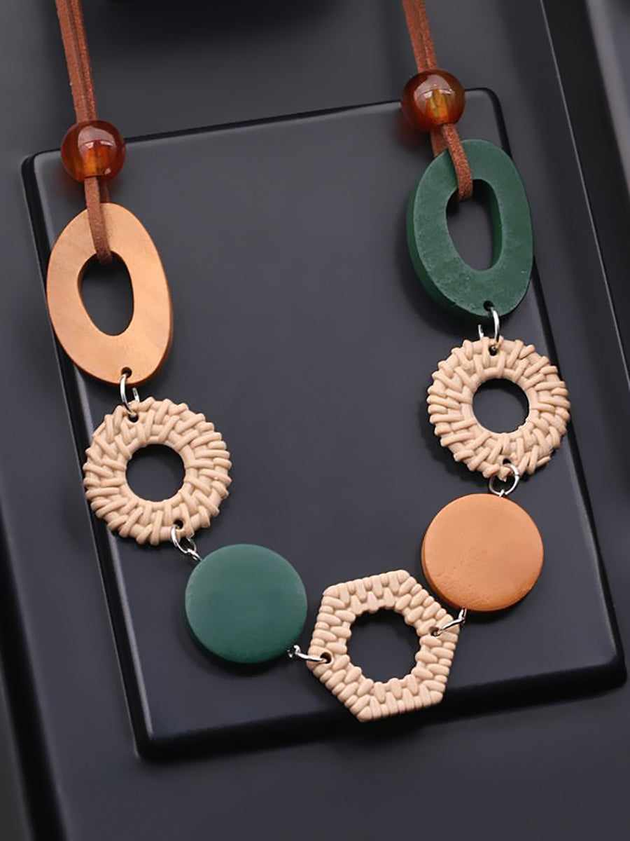 Women Ethnic Geometric Wooden Necklace