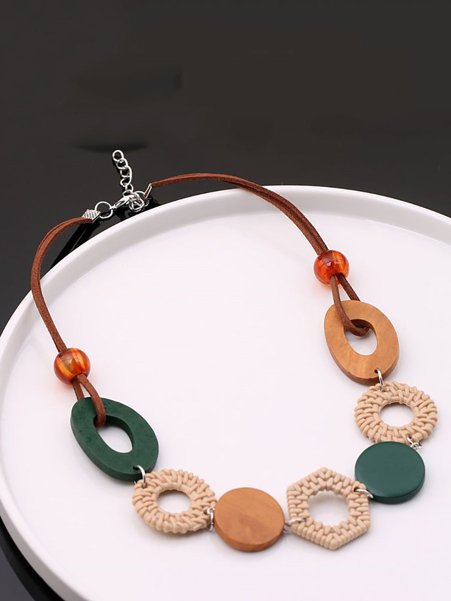 Women Ethnic Geometric Wooden Necklace