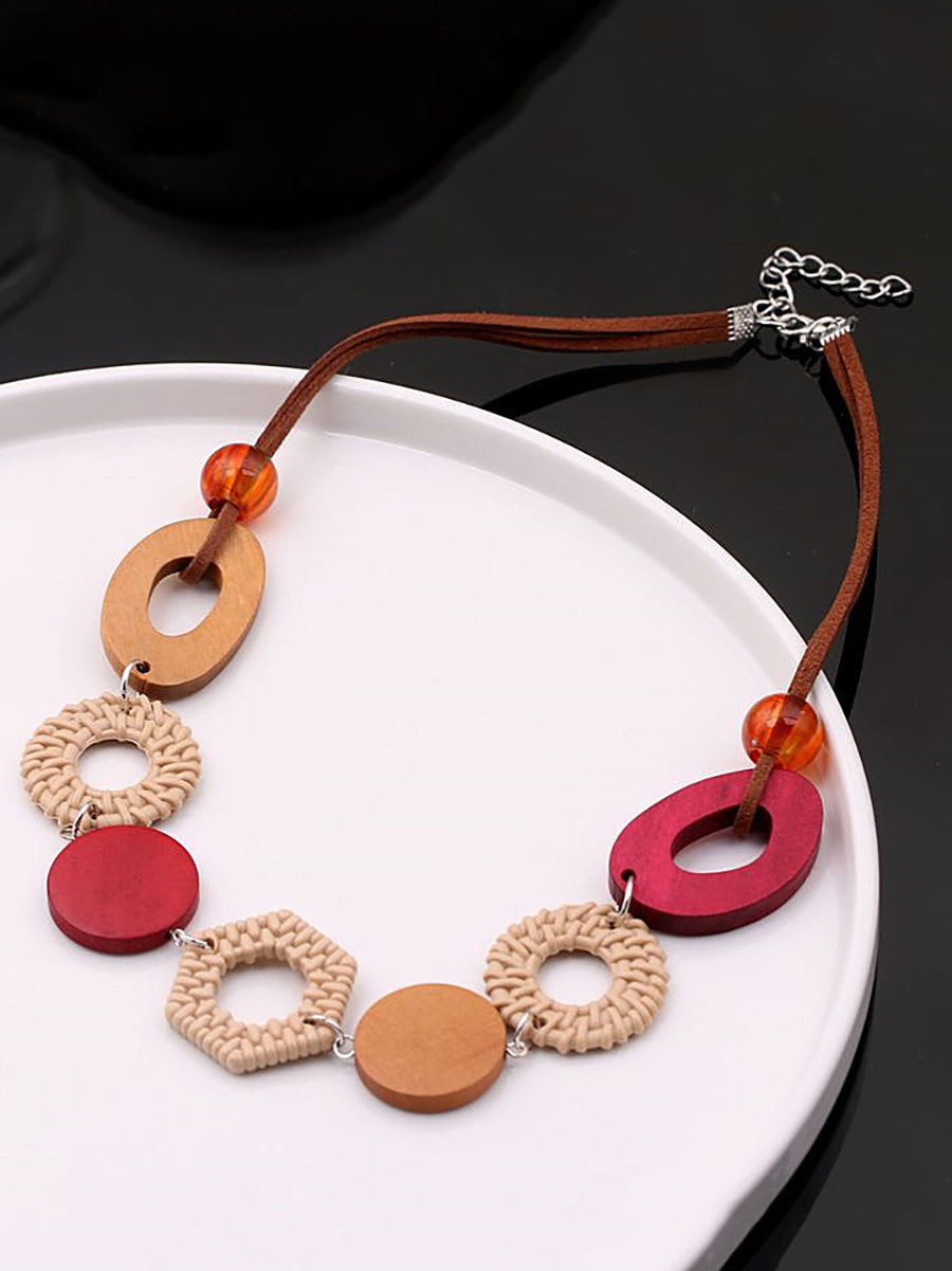 Women Ethnic Geometric Wooden Necklace