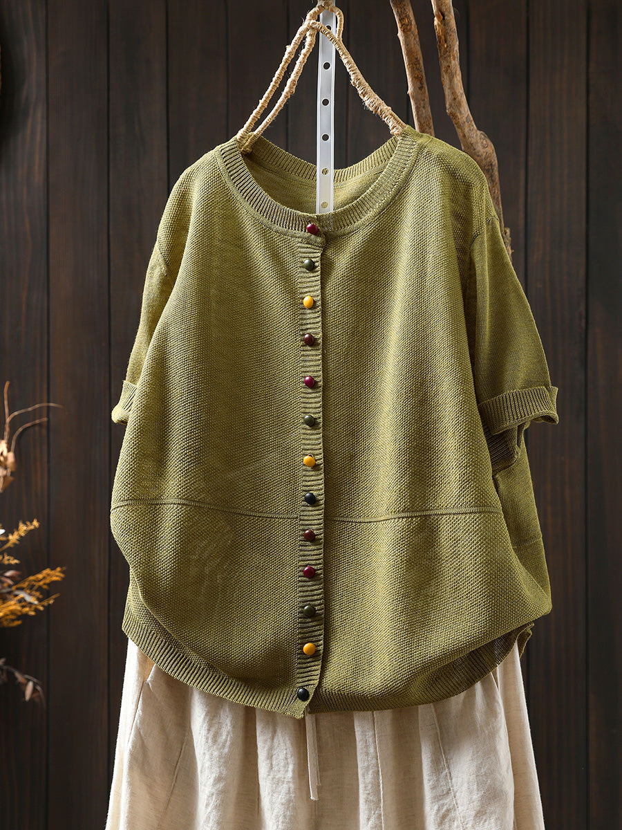 Women Summer Casual Pure Color O-Neck Knitted Shirt