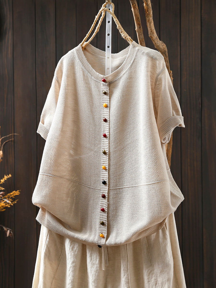 Women Summer Casual Pure Color O-Neck Knitted Shirt