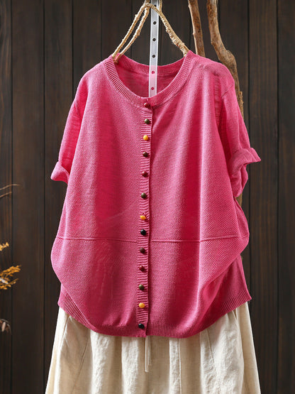 Women Summer Casual Pure Color O-Neck Knitted Shirt