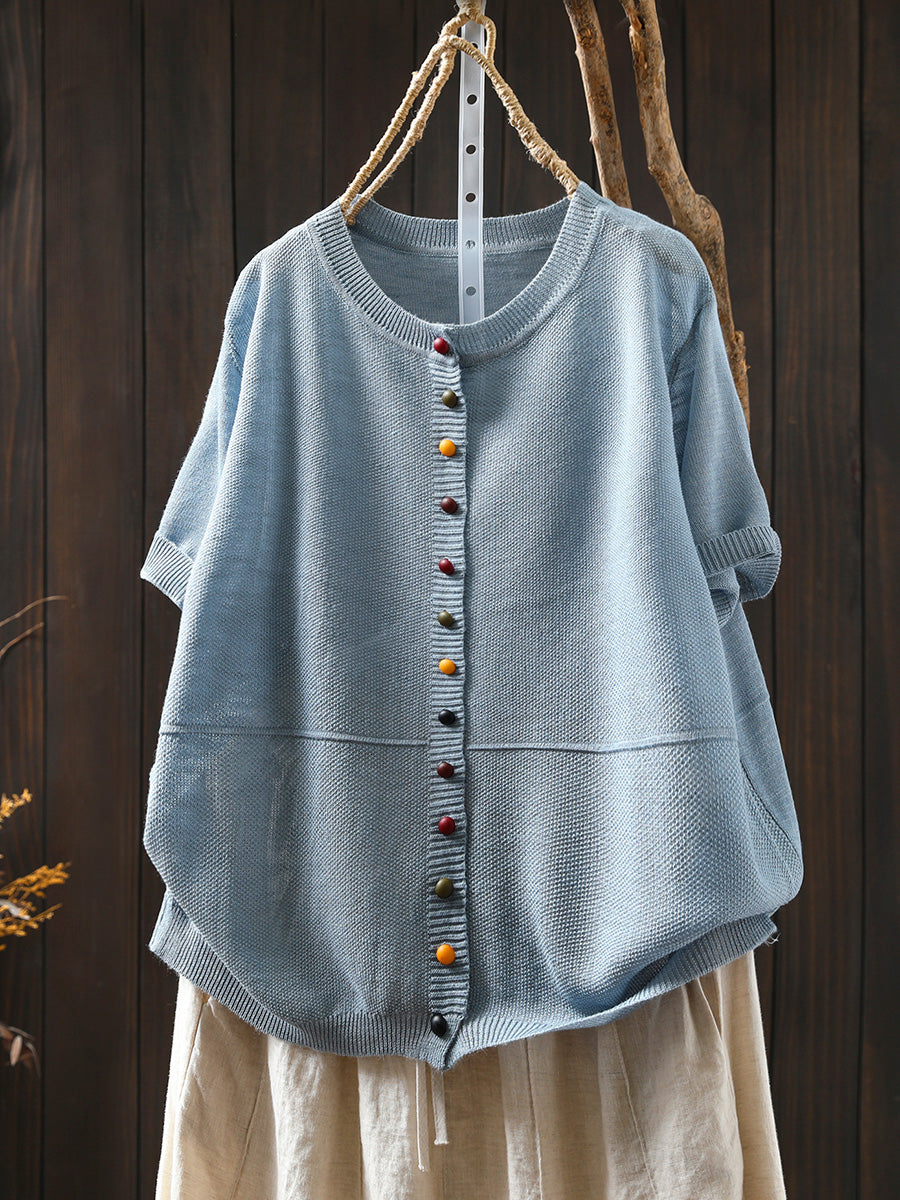 Women Summer Casual Pure Color O-Neck Knitted Shirt