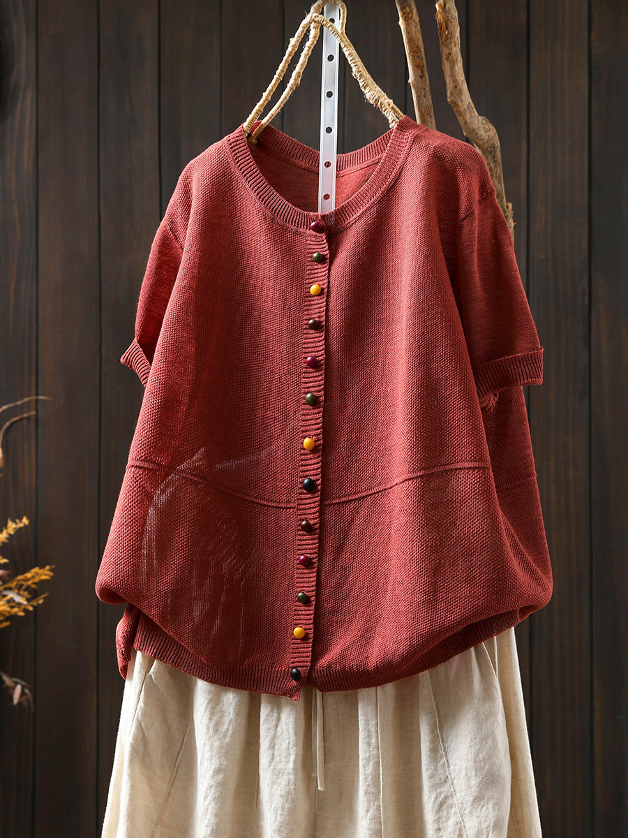 Women Summer Casual Pure Color O-Neck Knitted Shirt