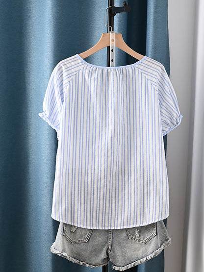 Women Summer Artsy Stripe Plaid O-Neck 100%Cotton Shirt