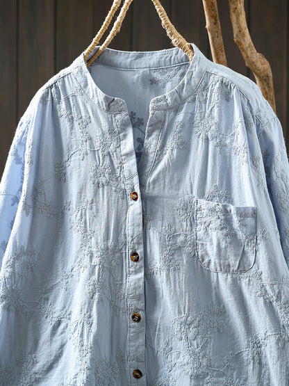 Women Summer Artsy Flower Embroidery V-Neck 100%Cotton Shirt