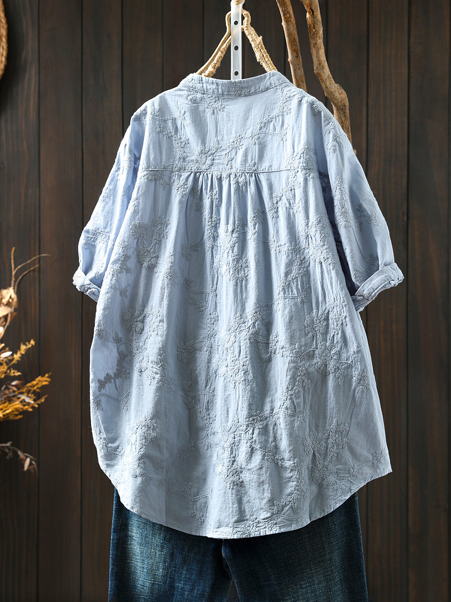 Women Summer Artsy Flower Embroidery V-Neck 100%Cotton Shirt