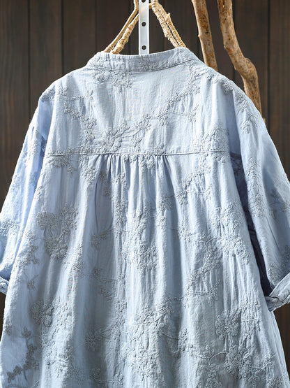 Women Summer Artsy Flower Embroidery V-Neck 100%Cotton Shirt