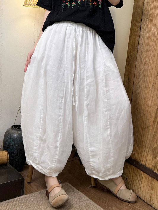 Women Summer Casual Pure Color Ramie Harem Pants