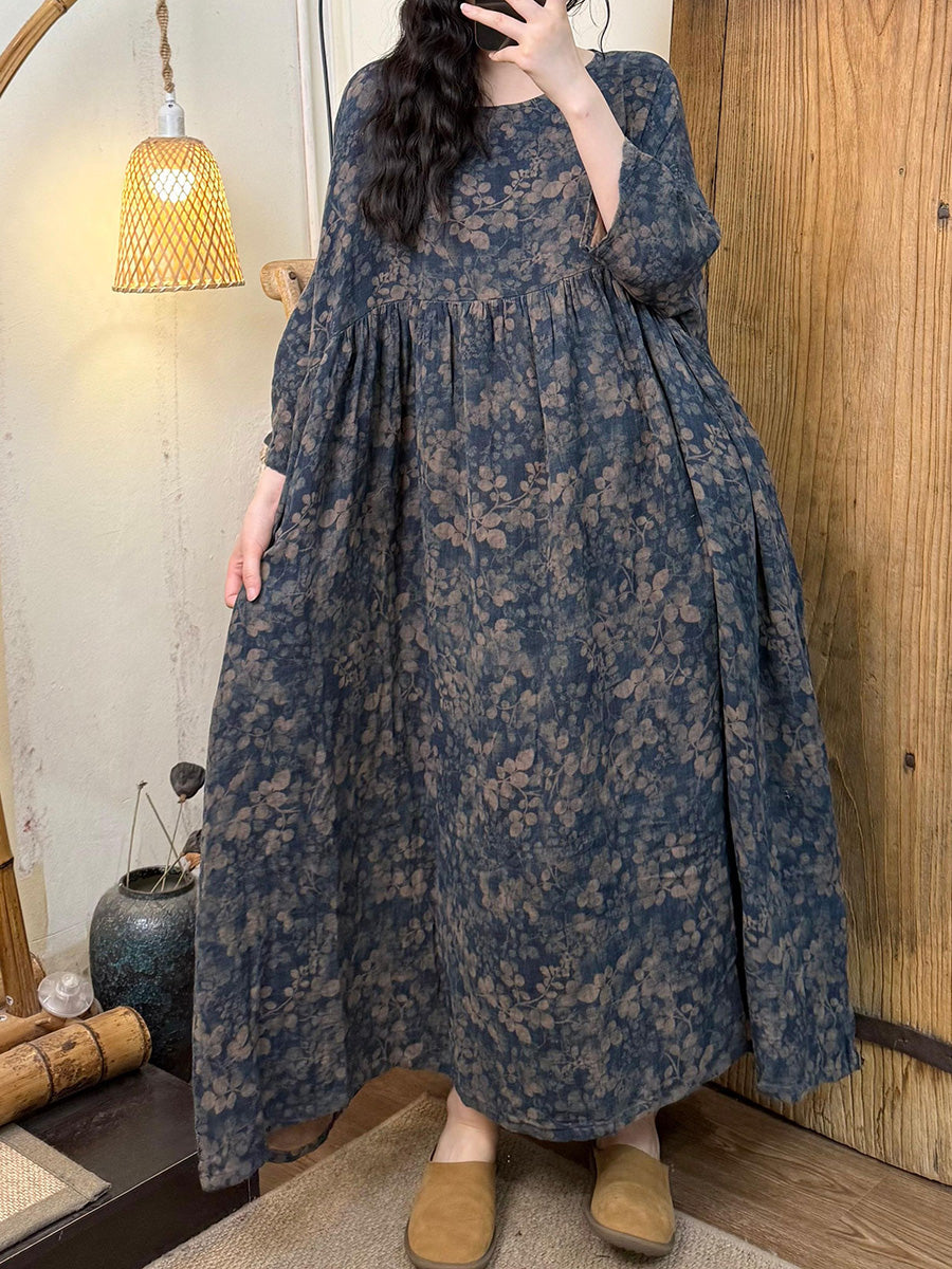 Plus Size Women Summer Artsy Flower O-Neck Cotton Dress