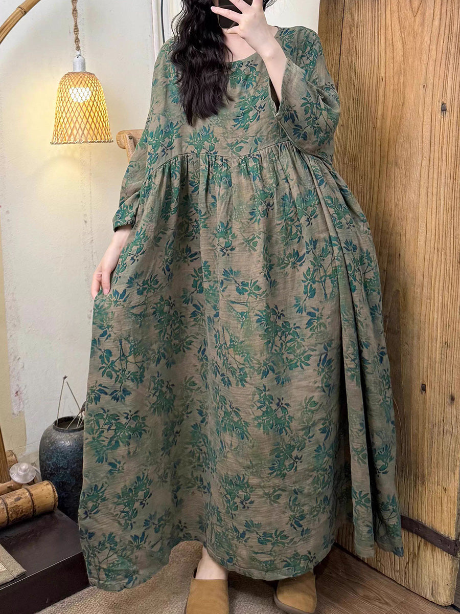 Plus Size Women Summer Artsy Flower O-Neck Cotton Dress