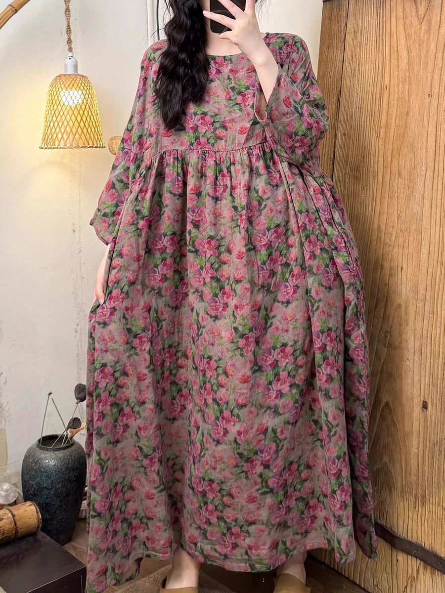 Plus Size Women Summer Artsy Flower O-Neck Cotton Dress