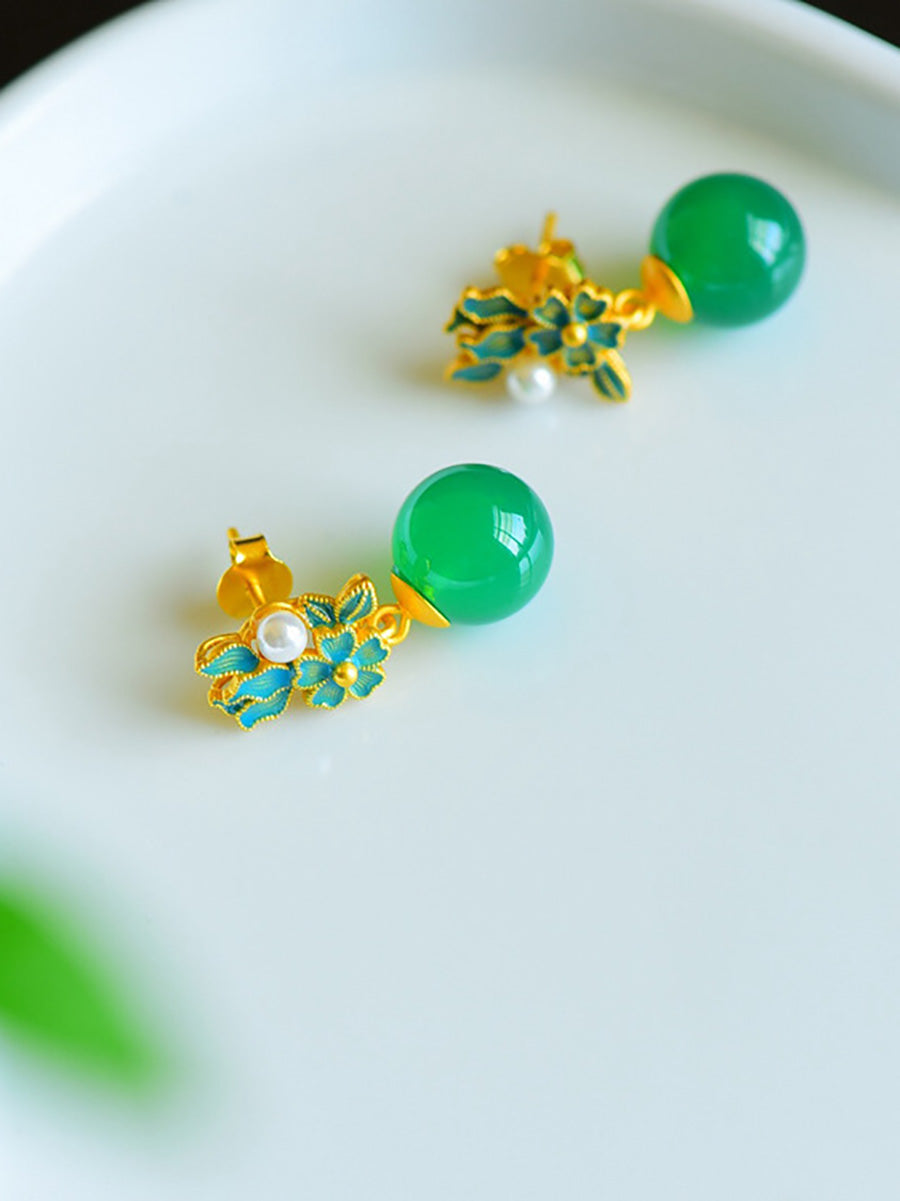Women Vintage S925Silver Jade Enamel Flower Earrings