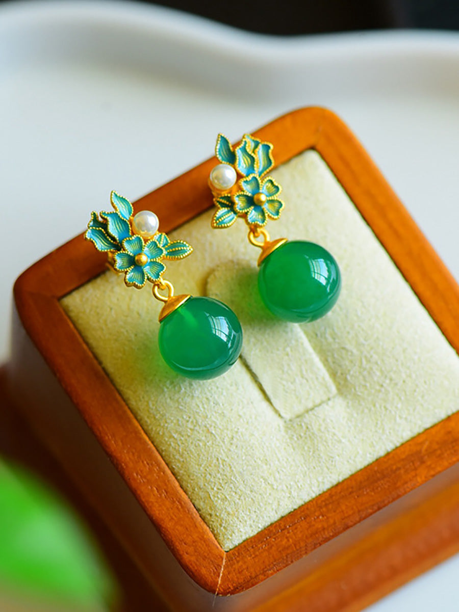 Women Vintage S925Silver Jade Enamel Flower Earrings
